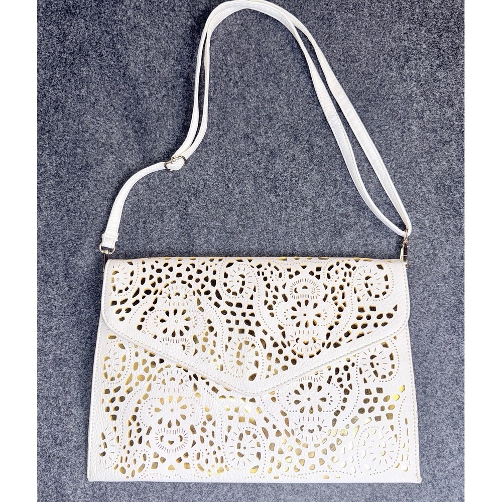 NWOT White Gold Laser Cut Crossbody Bag Floral Envelope Clutch Purse